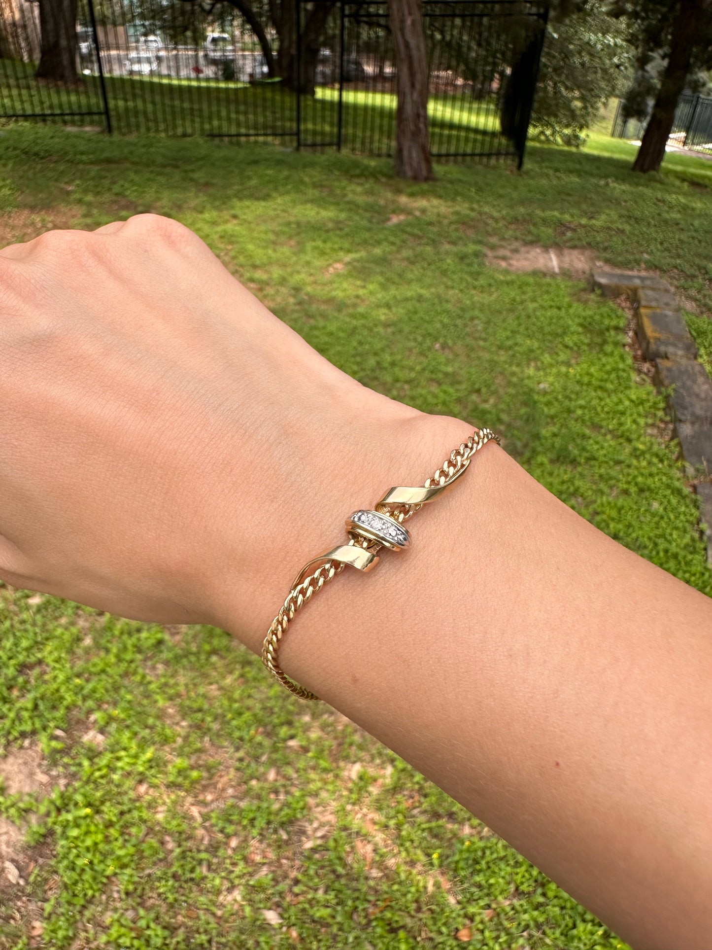 14k Curb Bracelet with Diamond Swirl Station