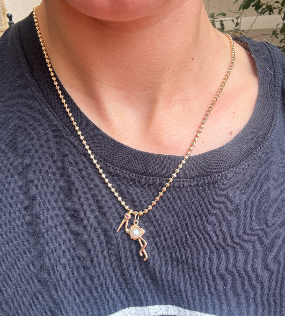 14k Stork Charm-Pearl and Ruby Eyes