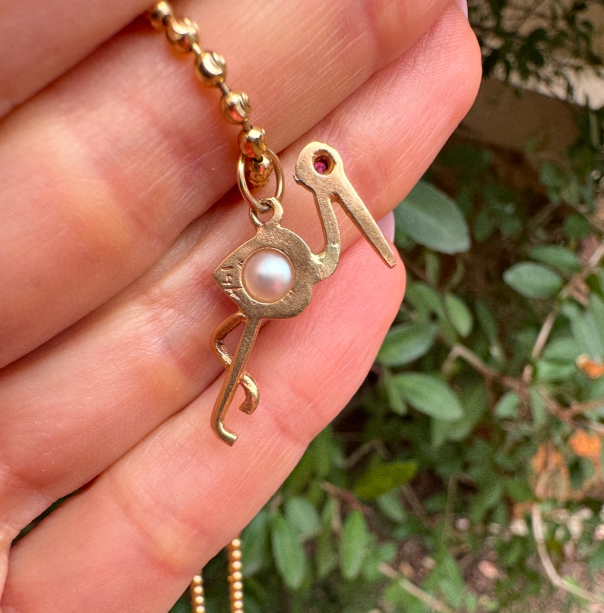 14k Stork Charm-Pearl and Ruby Eyes