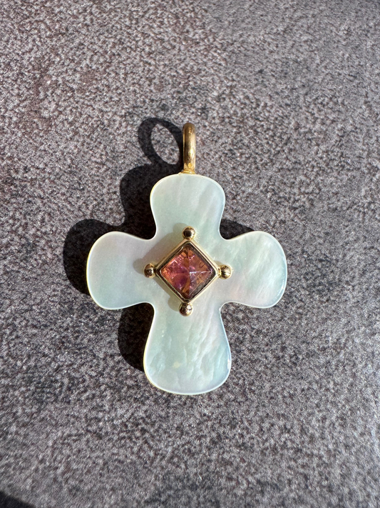18k Mother of Pearl Cross with Tourmaline