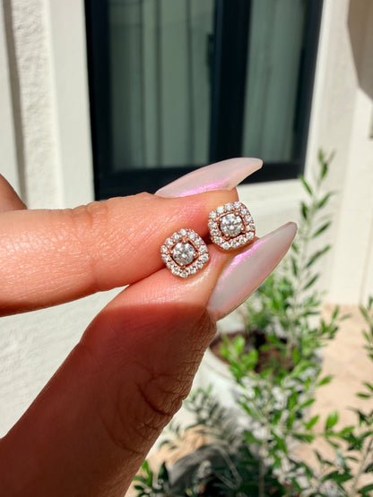 14k Warm Rose Gold Diamond Halo Earrings
