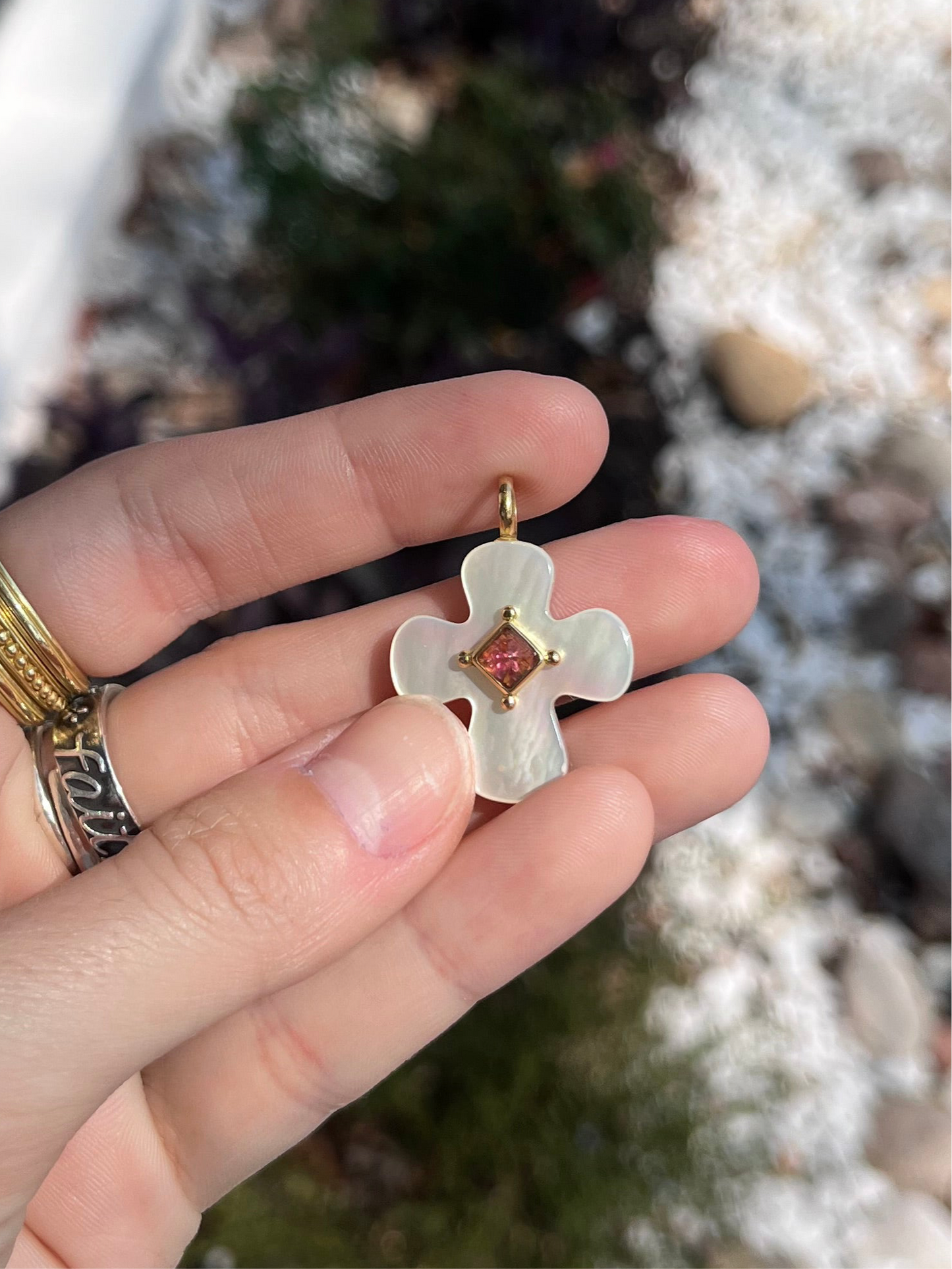 18k Mother of Pearl Cross with Tourmaline