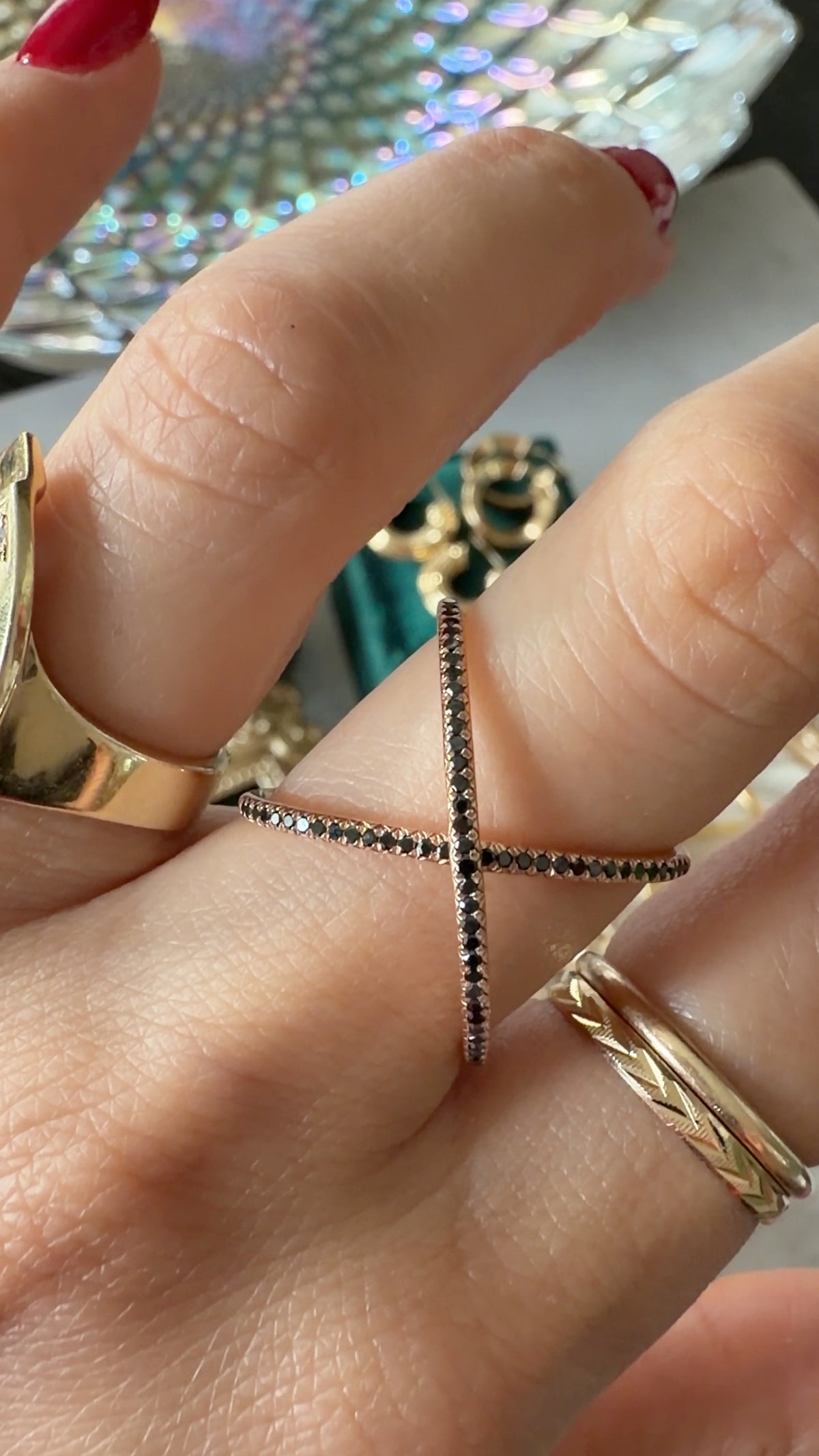 14k Rose Gold and Black Diamonds, size 7-7.25