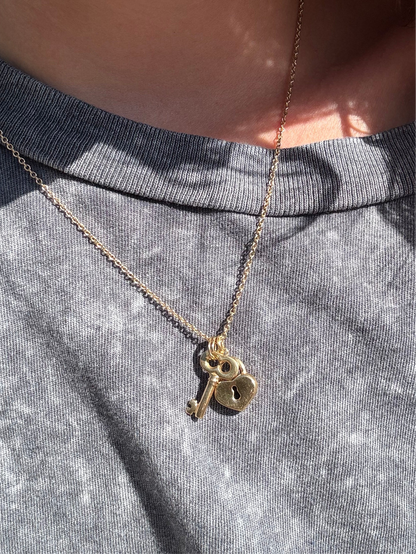 14k Mini Cable Link with Heart & Key Charms