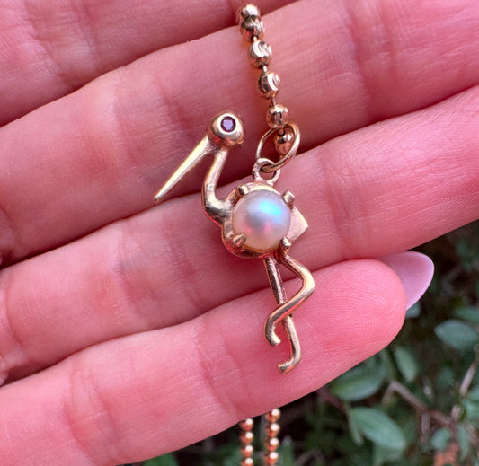 14k Stork Charm-Pearl and Ruby Eyes