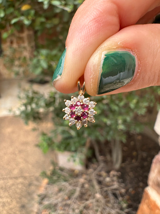 14k Ruby and Diamond Flower Charm