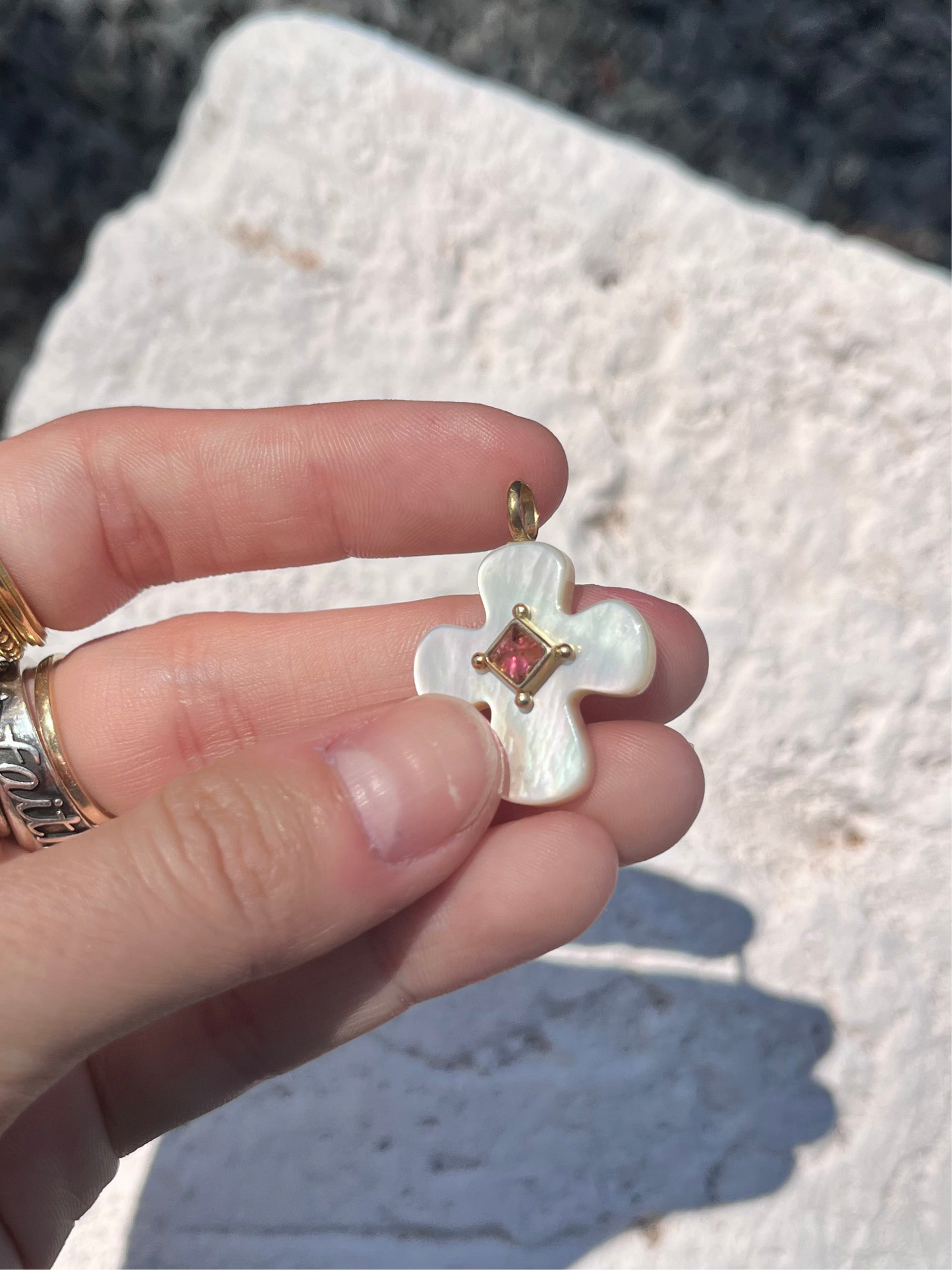 18k Mother of Pearl Cross with Tourmaline