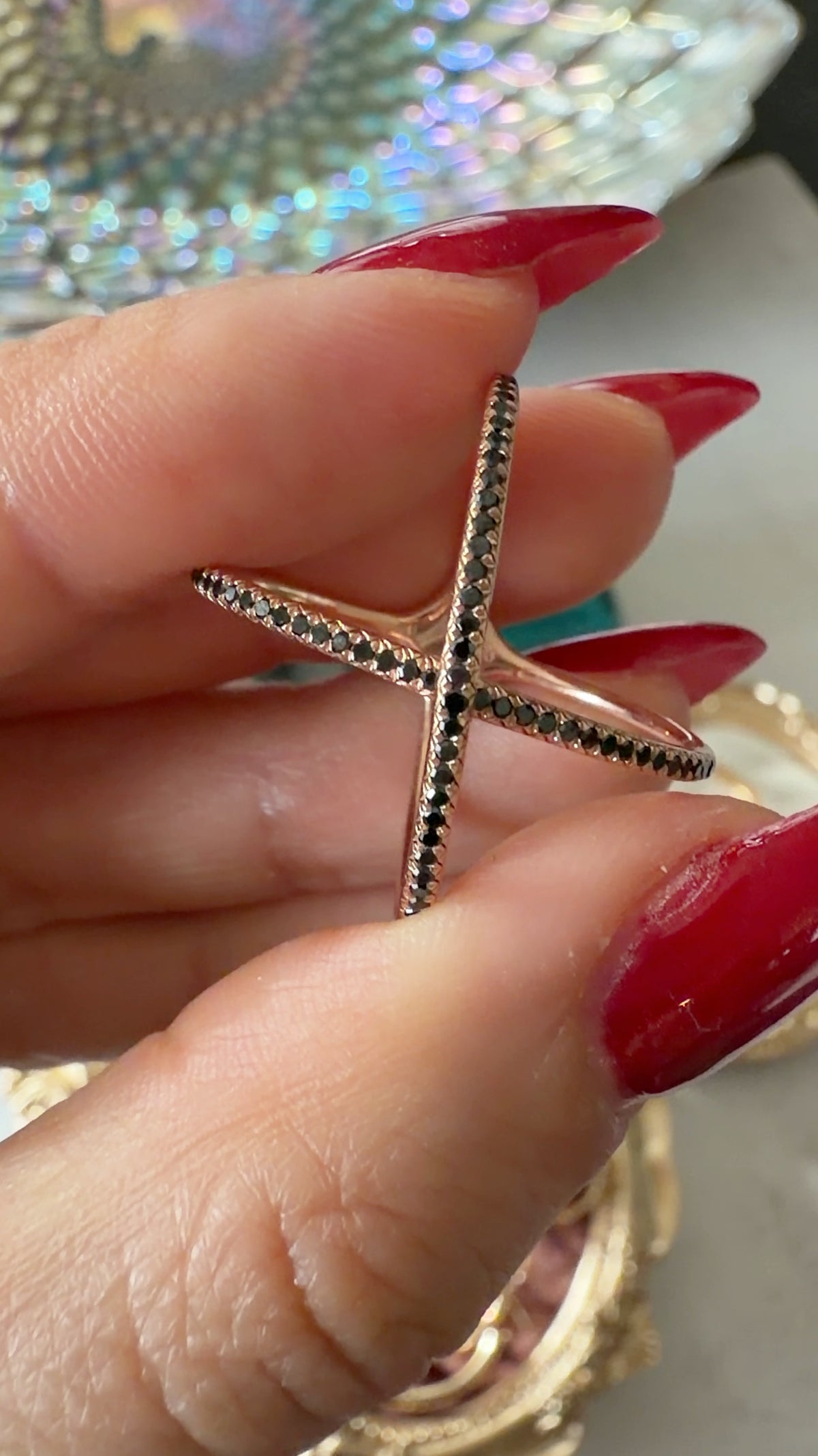 14k Rose Gold and Black Diamonds, size 7-7.25