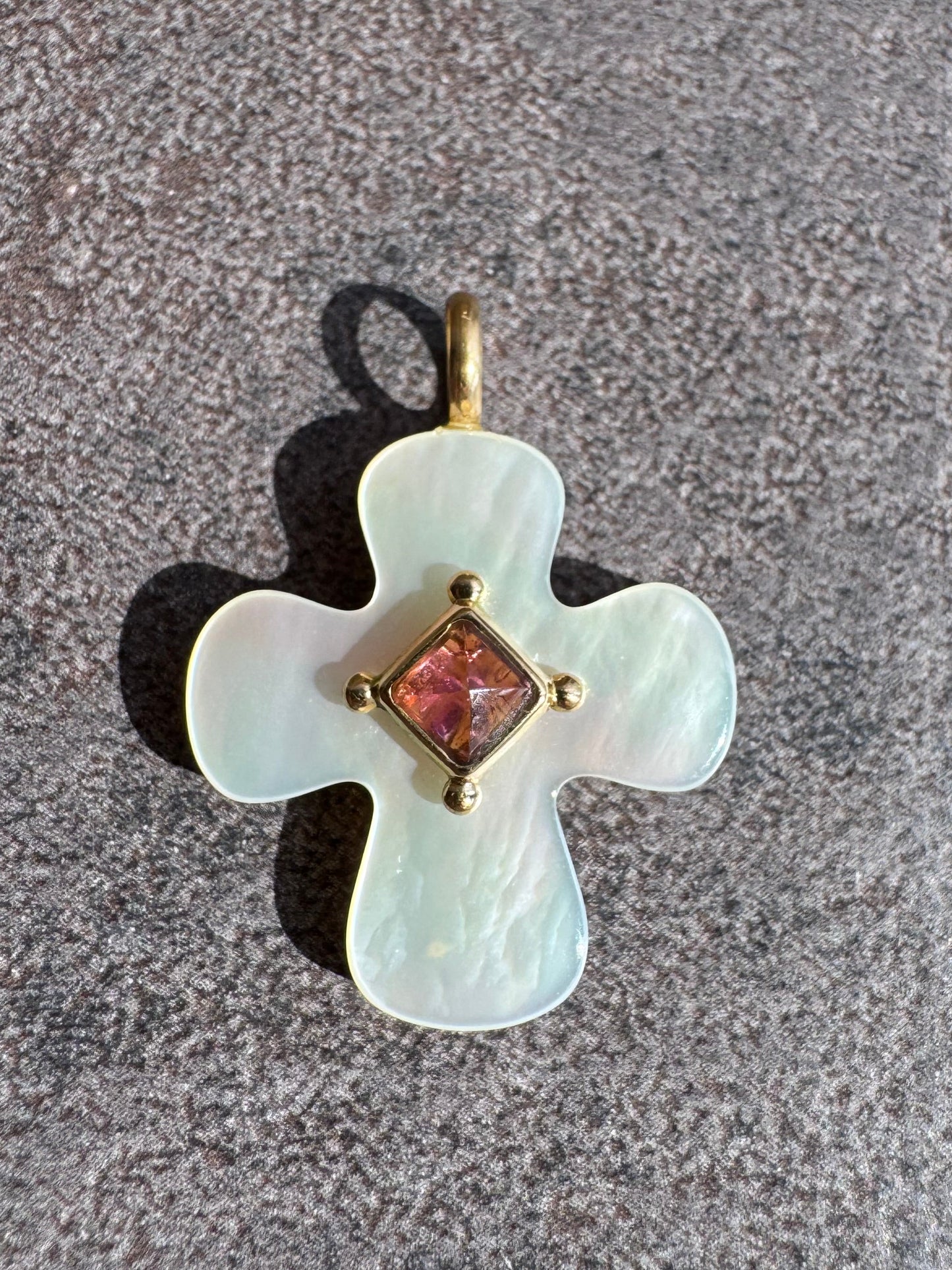 18k Mother of Pearl Cross with Tourmaline