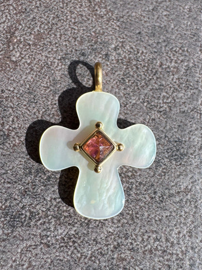18k Mother of Pearl Cross with Tourmaline