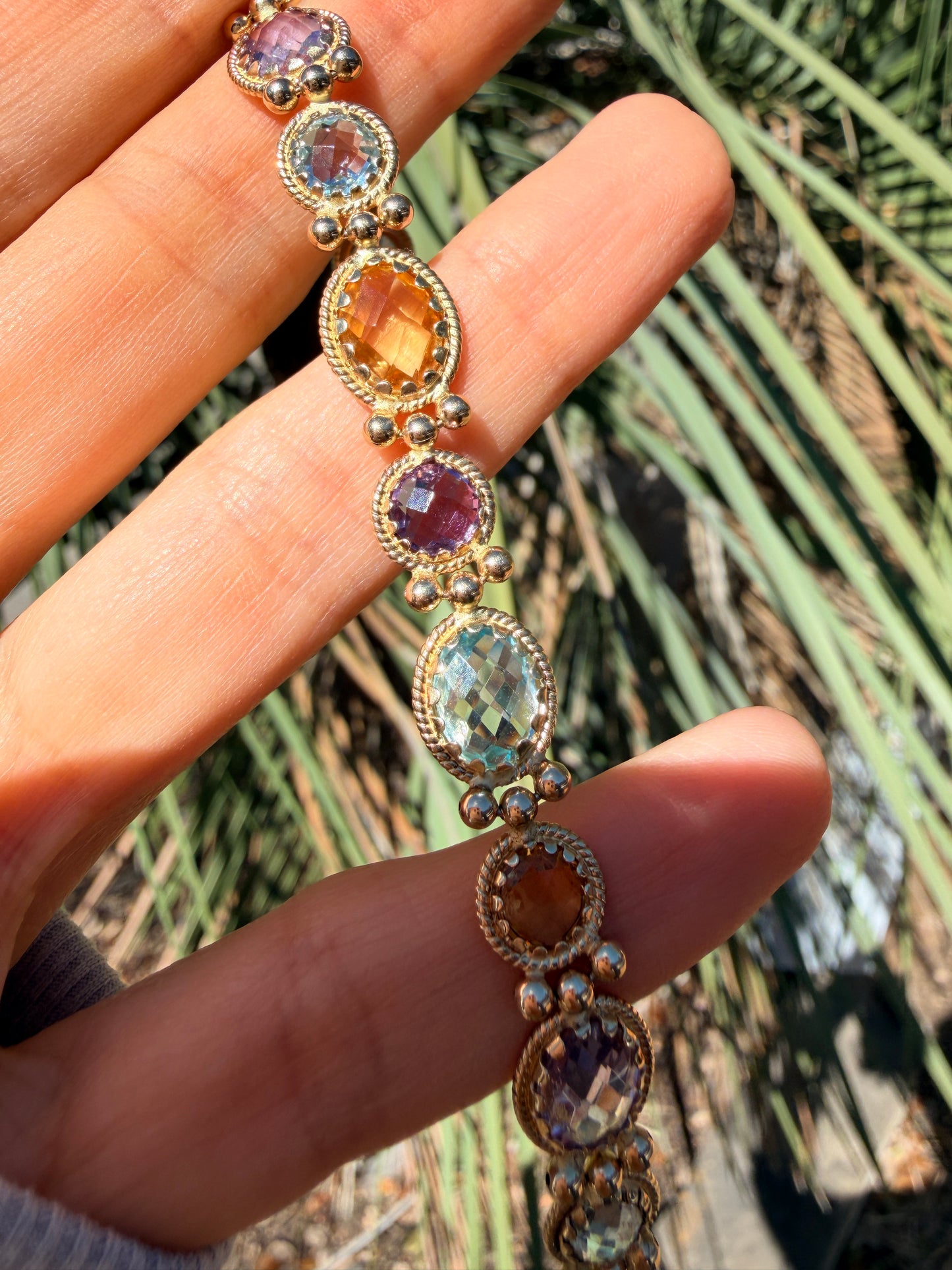 14k Amethyst, Citrine, and Blue Topaz Bracelet, 7.5"