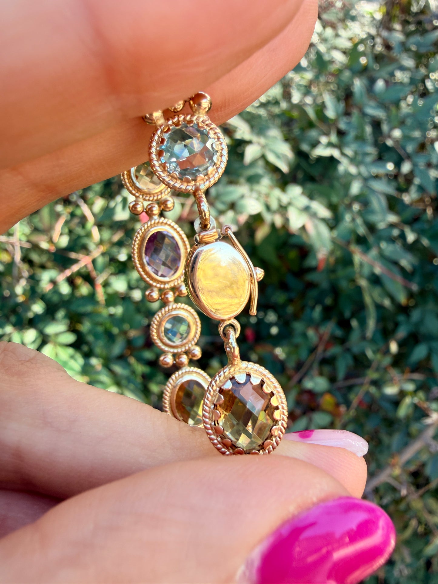 14k Amethyst, Citrine, and Blue Topaz Bracelet, 7.5"