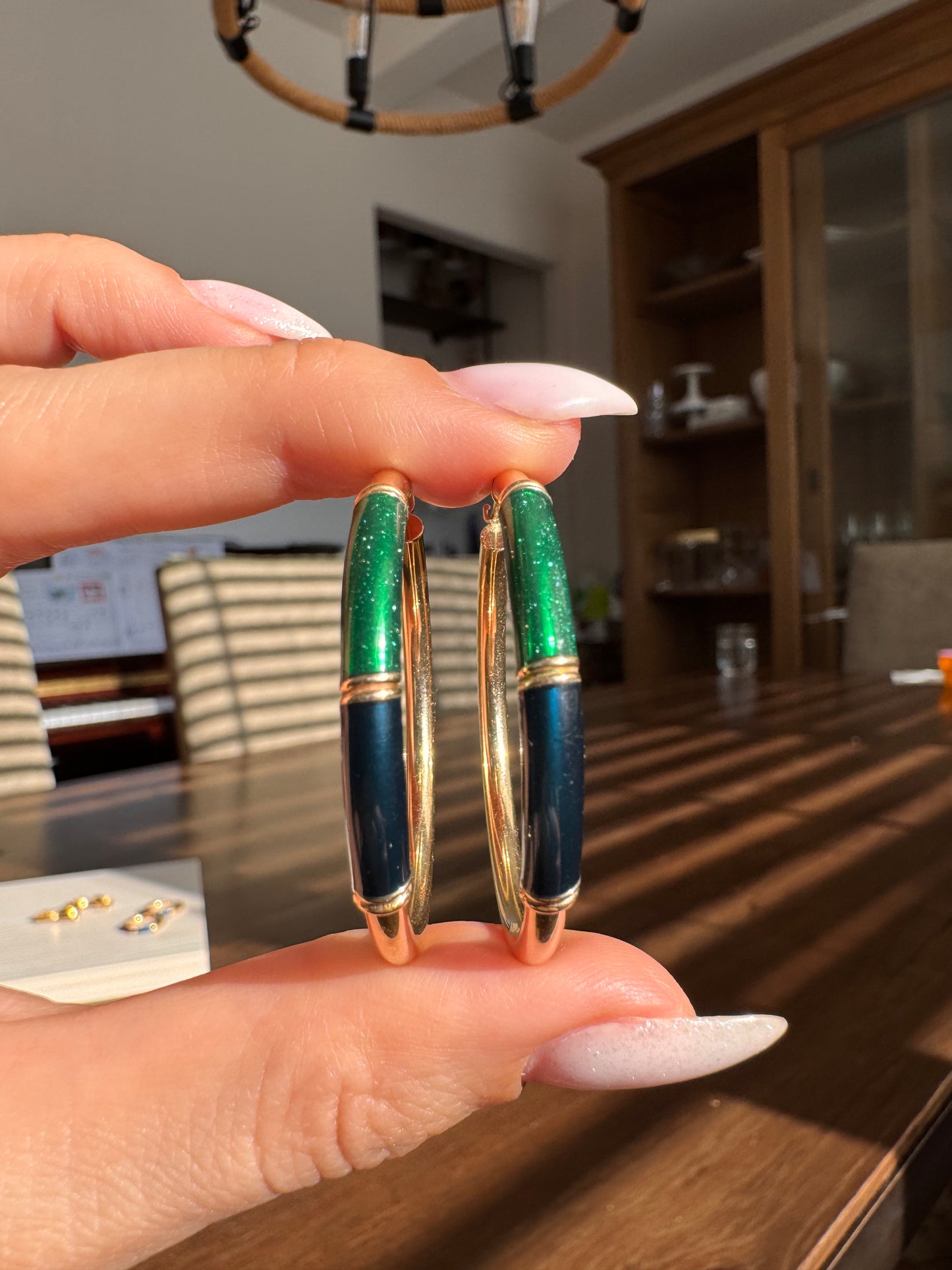 14k Green and Blue Enamel Hoops