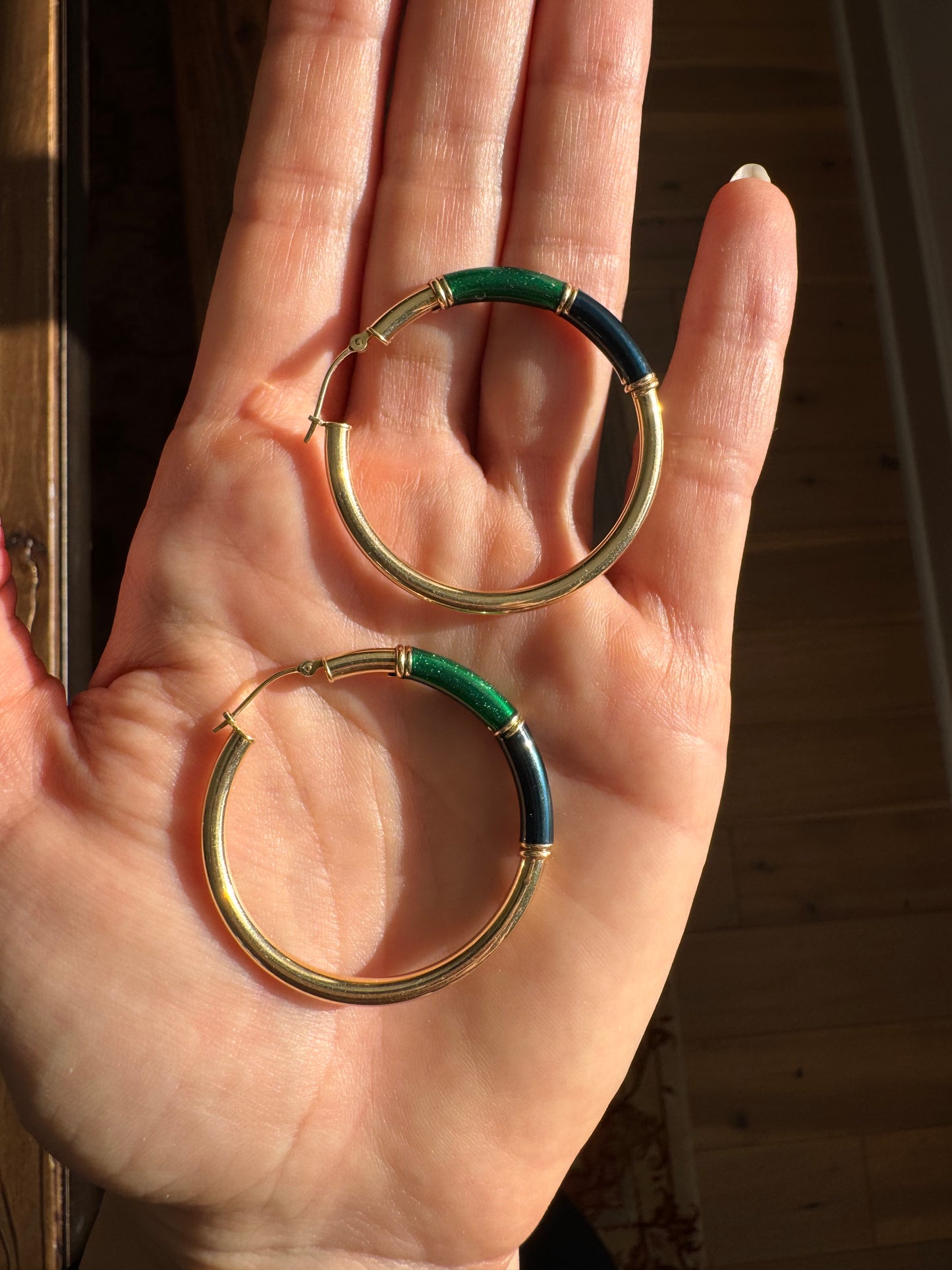 14k Green and Blue Enamel Hoops
