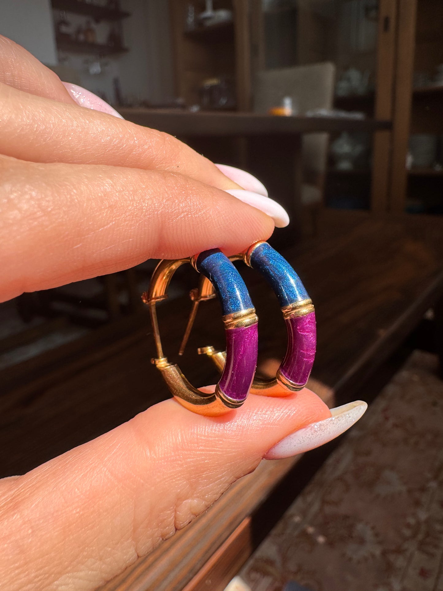 14K Purple and Blue Enamel Hoops